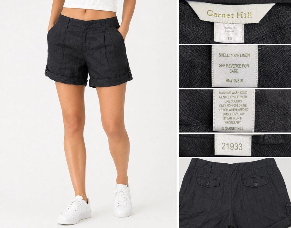 Coastal Breathable Garnet Hill Women's Pleated Linen Shorts Size 10 Black Cuffed